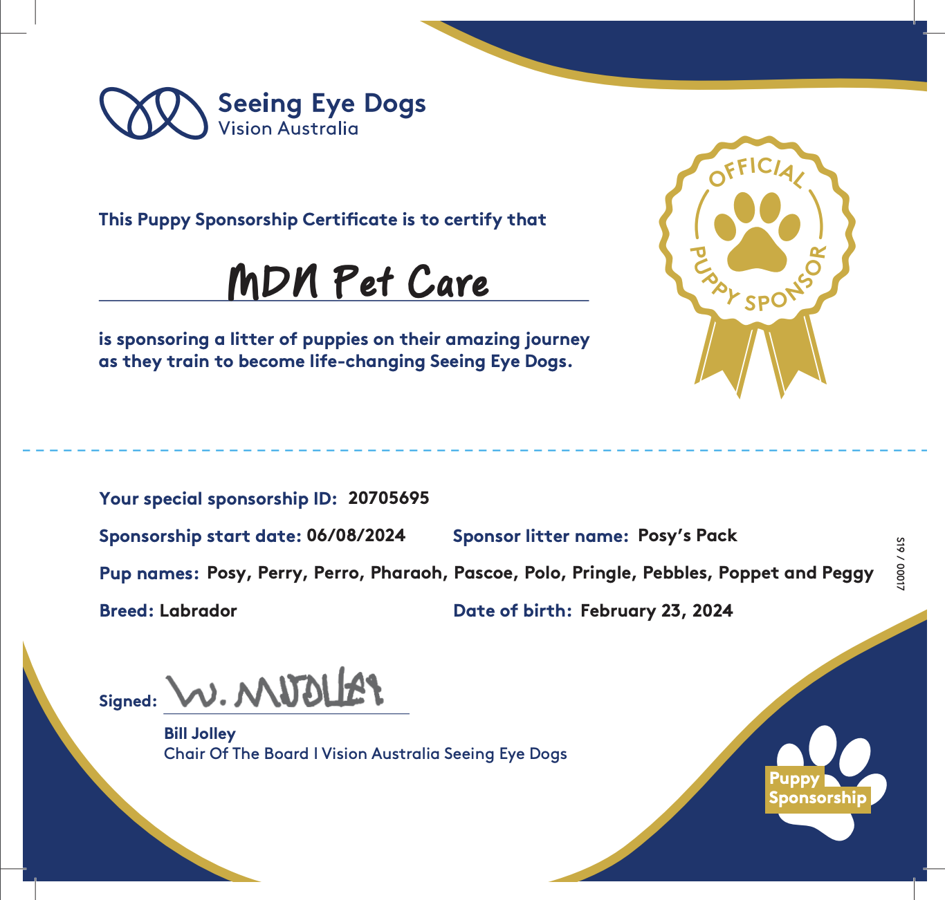 MDN Pet Care's Seeing Eye Dogs Puppy Sponsorship Certificate MDN Pet Care's Seeing Eye Dogs Puppy Sponsorship Certificate